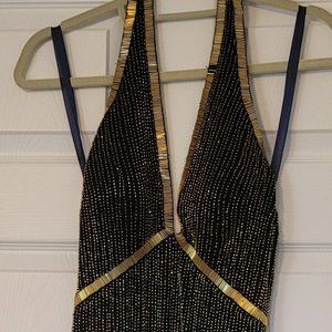 JOVANI Black w/Gold Beading Sexy Evening Long Dress Gown with Plunging V-Neck